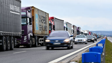 Lorries belonging to Ukrainian hauliers remain blocked at the border crossing on the Ukrainian-Polish border, Lviv region, western Ukraine.